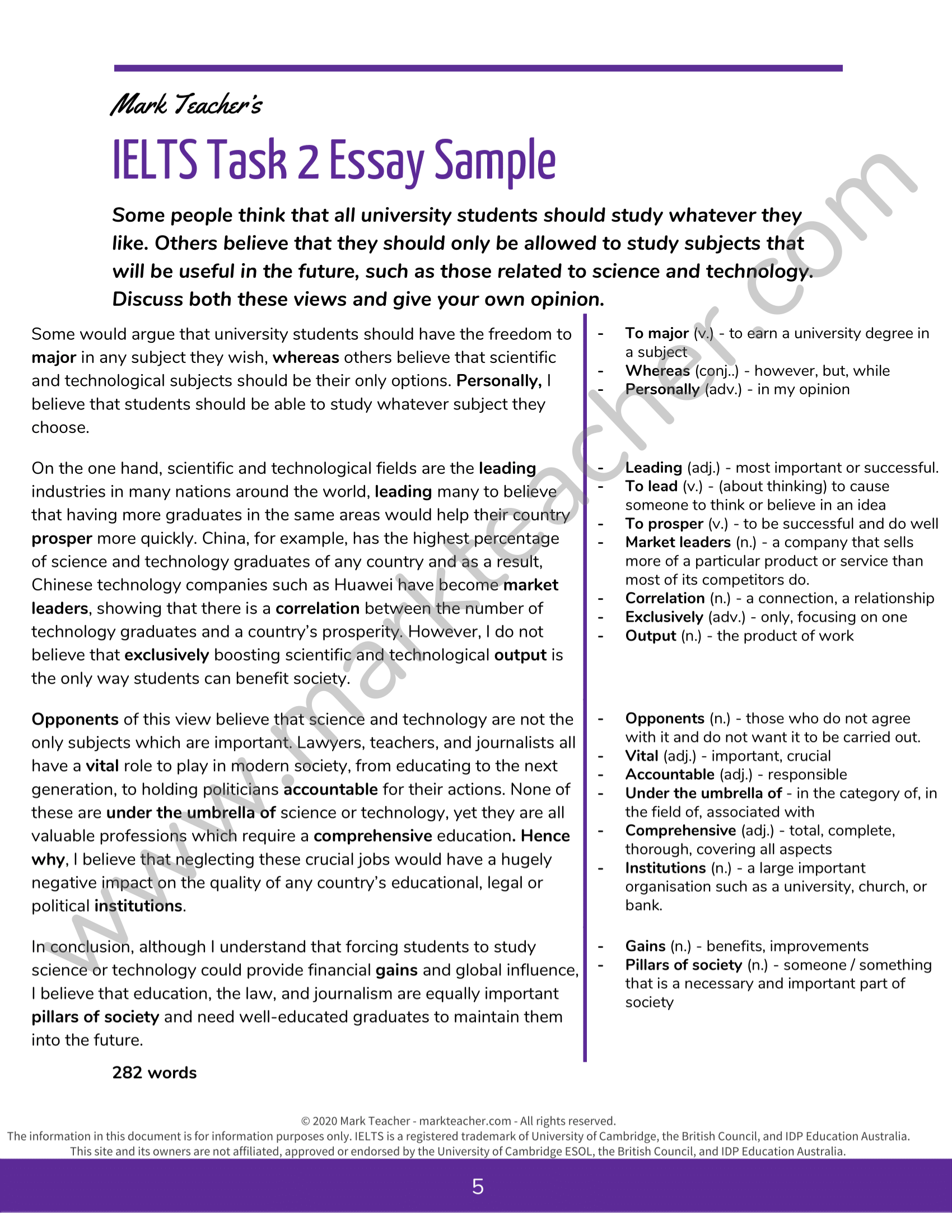 IELTS Writing Task 25 Sample Essay - Subject Choices for University